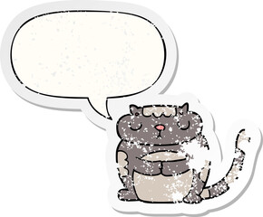 cute cartoon cat and speech bubble distressed sticker