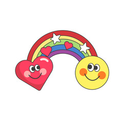 Sticker two lovers heart and smiley on rainbow with small stars and hearts