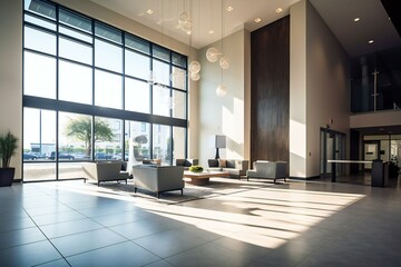 Modern business lobby interior with big windows and luxurious furniture