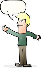 cartoon happy man waving with speech bubble