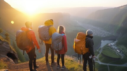 Family on the top of a mountain enjoying the view. Generative AI