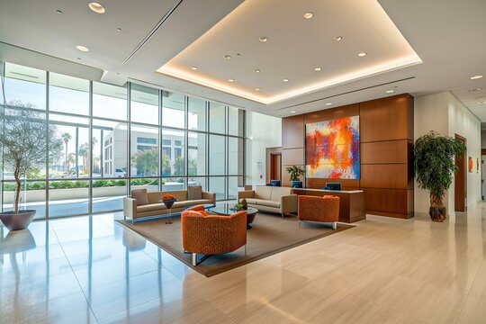 Modern business lobby interior with big windows and luxurious furniture