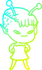 cold gradient line drawing cute cartoon alien girl
