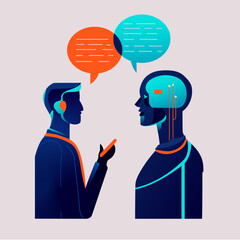 Man communicating with robot. man communicating with artificial intelligence vector illustration