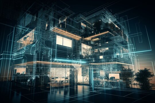 Smart building automation system digital intelligent technology abstract background architecture 3d wireframe. Generative AI