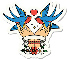 tattoo sticker with banner of a tied hands and swallows