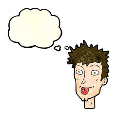 cartoon man sticking out tongue with thought bubble