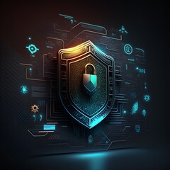 Powerful Cybersecurity: Ultimate Data Protection - A shield graphic with a lock icon and cybersecurity elements represents a secure and reliable system, ensuring data protection and trustworthiness.
