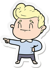 sticker of a happy cartoon man pointing
