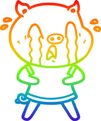 rainbow gradient line drawing crying pig cartoon wearing human clothes