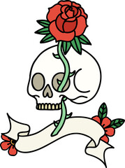 tattoo with banner of a skull and rose