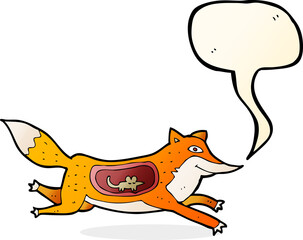 cartoon fox with mouse in belly with speech bubble