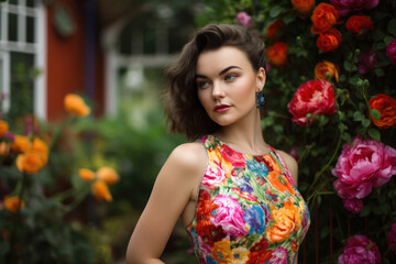 Spring portrait of beautiful woman in the garden wearing colorful dress created with AI