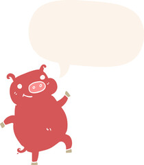 cartoon dancing pig and speech bubble in retro style