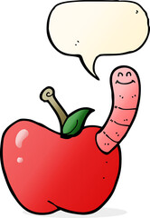 cartoon apple with worm with speech bubble