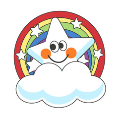 Sticker joyful star on a round rainbow with small stars and hearts in the clouds