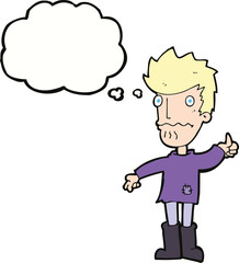 cartoon worried man giving thumbs up symbol with thought bubble