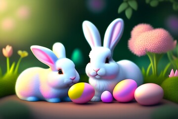  Cute Easter Bunnies with Eggs. Generative AI. 
