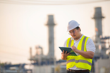 Asian man petrochemical engineer working at oil and gas refinery plant industry factory,The people worker man engineer work control at power plant energy industry manufacturing