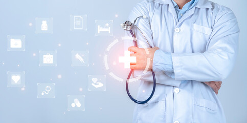 Asian smart doctor on white background,digital medical futuristic interface virtual screen