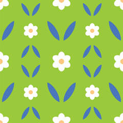 Seamless floral pattern in retro style. Stylized daisies on a green background. Abstract composition with flowers. Texture for printing on textiles and packaging.