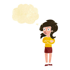 cartoon woman with folded arms with thought bubble