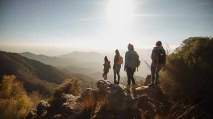 A group of friends hiking up a mountain trail - obrazy, fototapety, plakaty