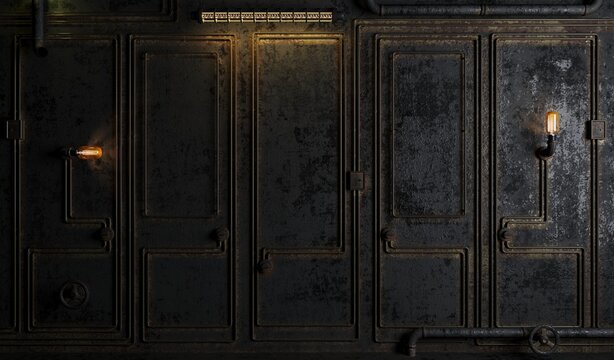 Dark old loft steampunk wall background with lamps