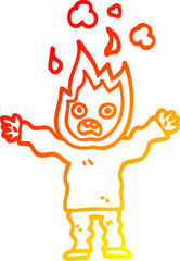 warm gradient line drawing cartoon man with head on fire
