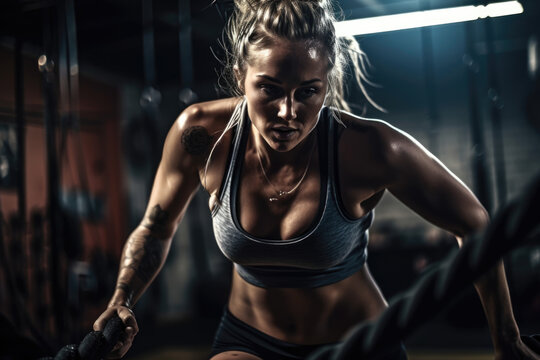 Dark Gritty Intense Epic Crossfit Workout Image. Beautiful Fit Muscular Female Crossfit Athlete Working Out in an Underground Gym with Moody Hight Contrast Light. Generative AI.