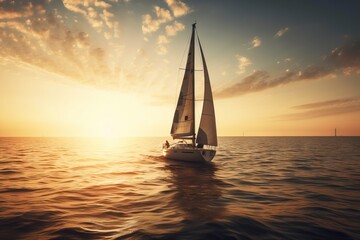 Obraz na płótnie Canvas a sailboat is sailing in the ocean at sunset or dawn. generative ai