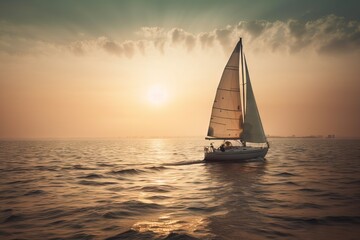 Fototapeta na wymiar a sailboat sailing on a body of water at sunset. generative ai