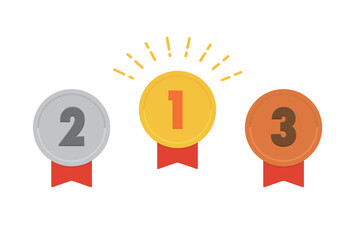 1･2･3の数字の刻印が入った金銀銅のリボン付きのメダル･バッジ･エンブレムの素材
