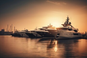 Fototapeta na wymiar a group of yachts docked at a marina at sunset. generative ai