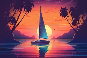 Vlies Fototapete Orange  a sailboat is sailing in the ocean at sunset with palm trees.  generative ai