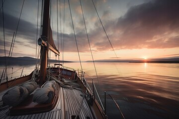 Obraz na płótnie Canvas a sailboat sailing on a body of water at sunset. generative ai