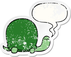 cute cartoon tortoise and speech bubble distressed sticker