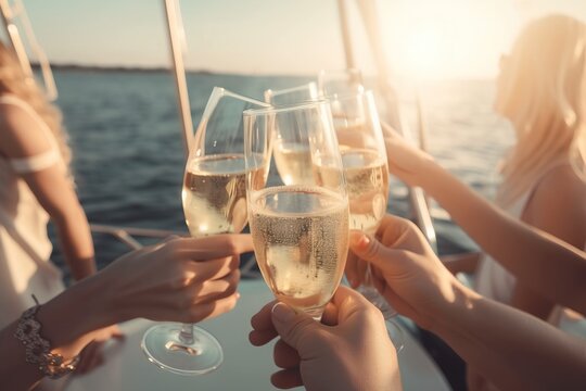  a group of people toasting with champagne on a boat.  generative ai