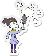 sticker of a cartoon zombie woman dusting