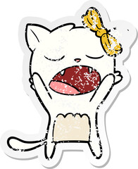 distressed sticker of a cartoon cat meowing