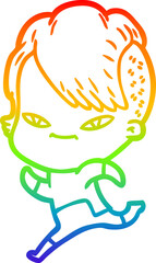 rainbow gradient line drawing cute cartoon girl with hipster haircut