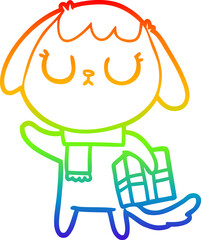 rainbow gradient line drawing cute cartoon dog with christmas present