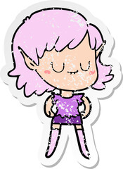 distressed sticker of a happy cartoon elf girl
