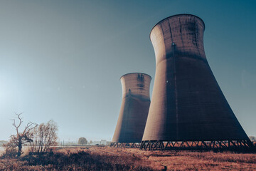 Nuclear power plant and cooling towers. View of  nuclear power plant with cooling towers. Abandoned...