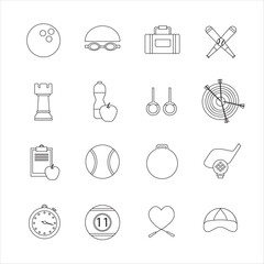 Collection of icons with different sports and healthy eating in outline design