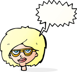cartoon woman wearing spectacles with speech bubble