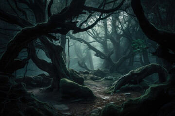 Tree in the woods, dark and fantasy forest created with AI