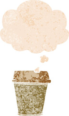 cartoon take out coffee and thought bubble in retro textured style