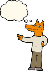cartoon pointing fox man with thought bubble