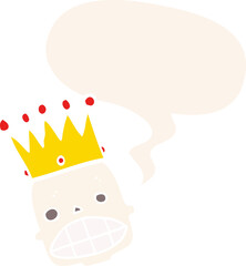 cartoon spooky skull face and crown and speech bubble in retro style
